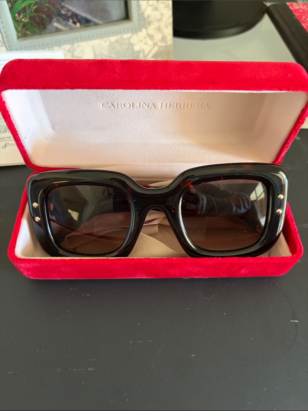 Carolina Herrera Dark Tortoiseshell Square Sunglasses with Gold Accents